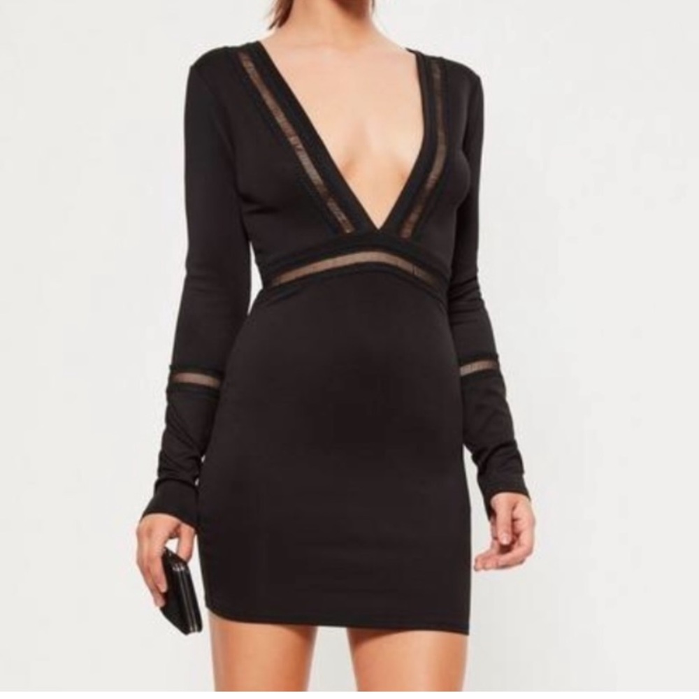NWOT Missguided Black Plunge Mesh Bodycon Dress